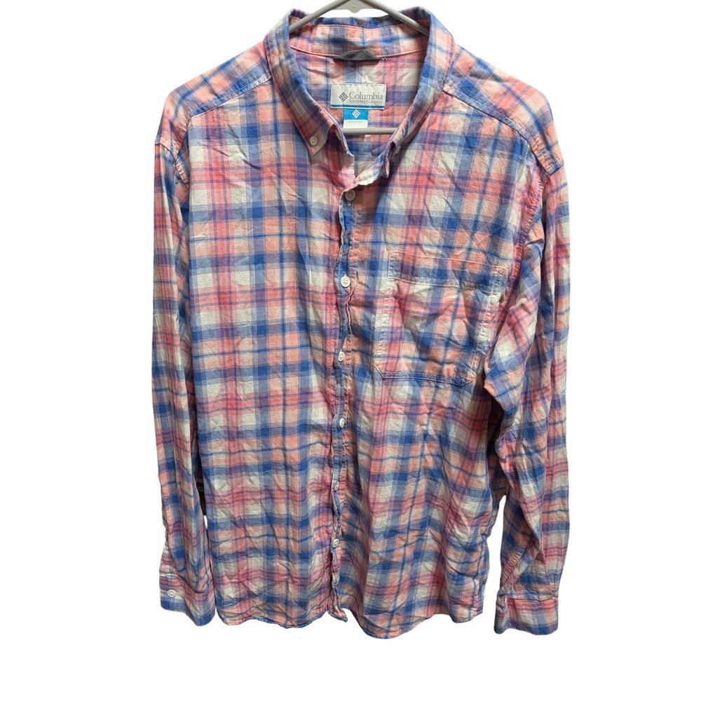 Columbia Mens Plaid Button Down Shirt Long Sleeve Pink Blue White Large‎